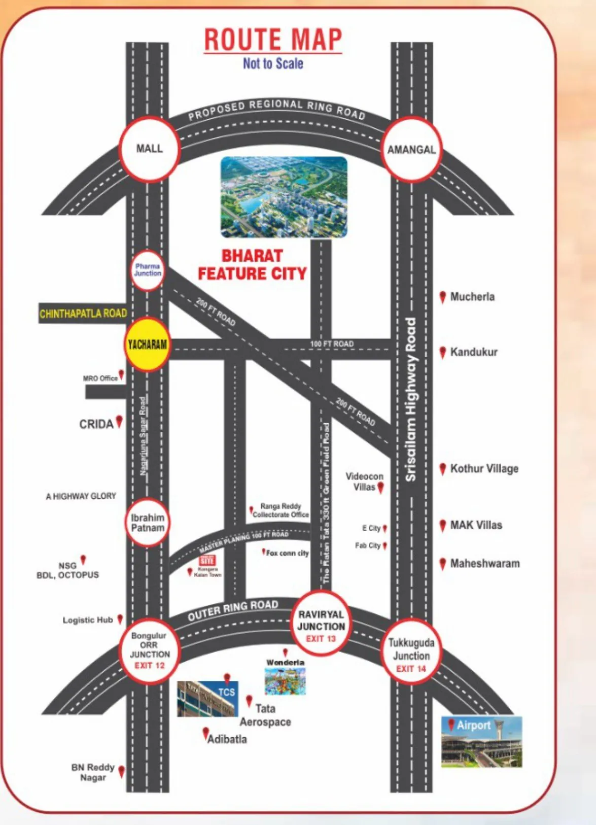 Route map showing Grand City between ORR exits 12, 13 and 14, Adibatla, Bharat Future City and the airport